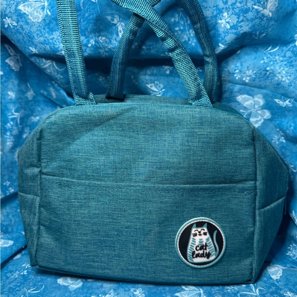 Teal cat lady lunch tote.